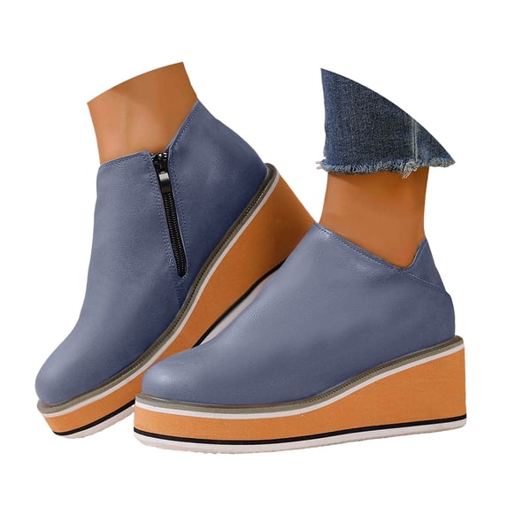 Pandaie Women's Wedge Ankle Booties Slip on Platform Chunky Heel Round Toe Short Boots Fashion Casual Fall Dressy Walking Shos Navy 7.5