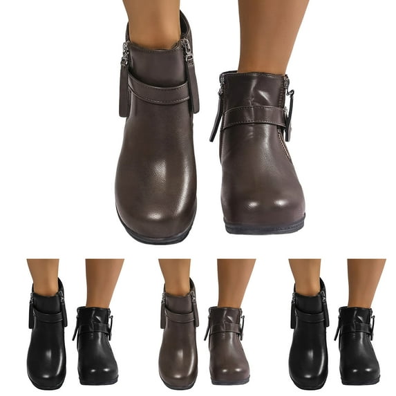 Pandaie Women's Wedge Ankle Boots Fashion Chunky Platform Chelsea Western Booties Leather Fall Winter Slip on Work Shoes Black 7.5