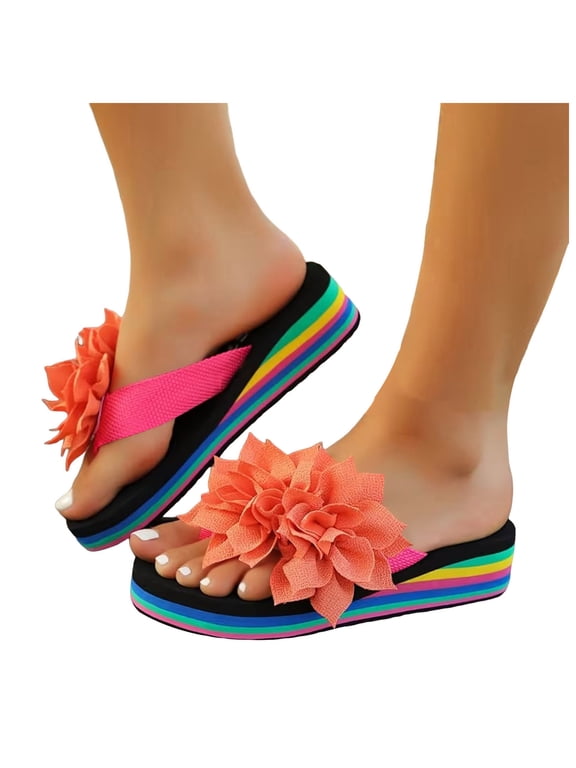 Women's Wedge Flip Flops Flower Platform Summer Beach Vacation Slides Sandals Casual Walking Thong Slippers Shoes Size 6-10 Orange