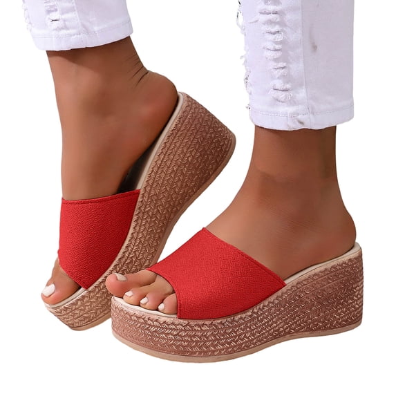 Pandaie Women's Wedge Sandals Platform Espadrille Heels Summer Wedges Slides Flatform Open Toe Bohemia Slippers Shoes Red Size 6.5