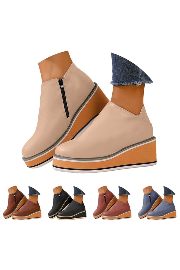 Women's Wedge Sneakers Leather Platform Slip on Ankle Boots Side Zipper Comfortable Fall Work Walking Casual Shoes Black 8.5