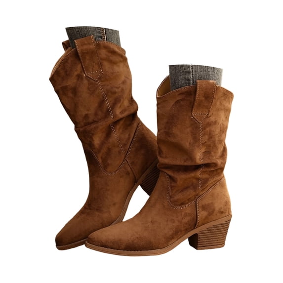 Pandaie Women’s Western Slouchy Boots Soft Suede Pull on Wide Mid Calf Boots Cowboy Cowgirl Low Heel Fall Winter Casual Dress Boots Size 6‑10.5