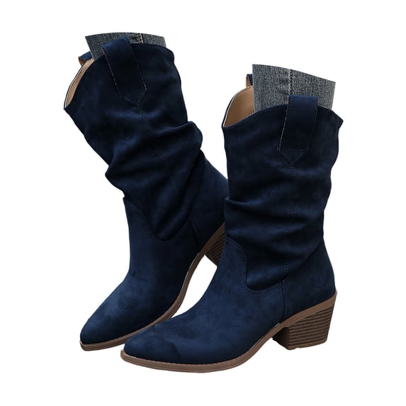 Pandaie Women’s Western Slouchy Boots Soft Suede Pull on Wide Mid Calf Boots Cowboy Cowgirl Low Heel Fall Winter Casual Dress Boots Size 6‑10.5