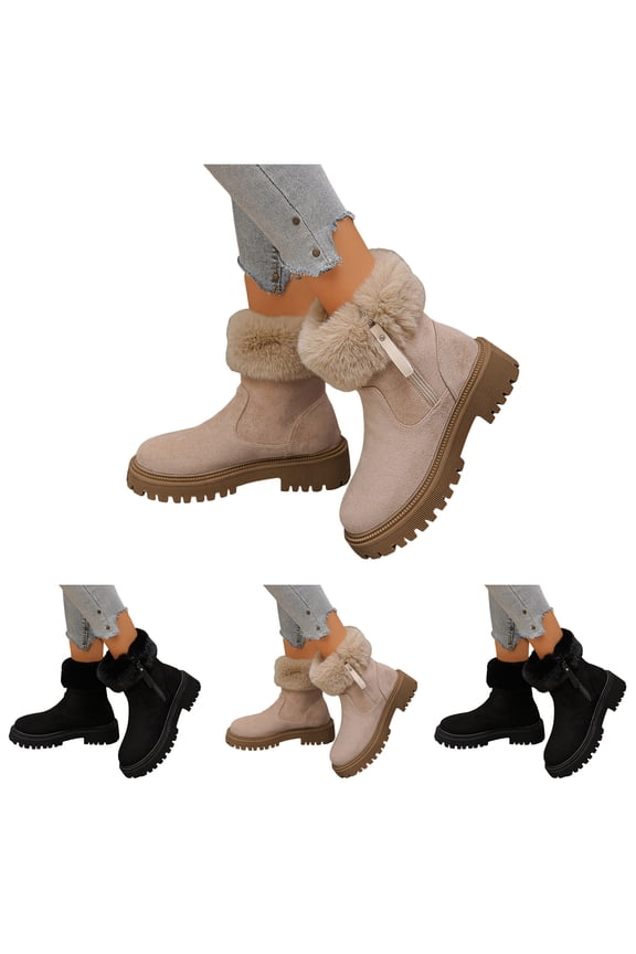Women's Winter Boots Fleece Lined Platform Mid Calf Snow Booties Suede Chunky Low Heel Fuzzy Dressy Outdoor Shoes Black 9
