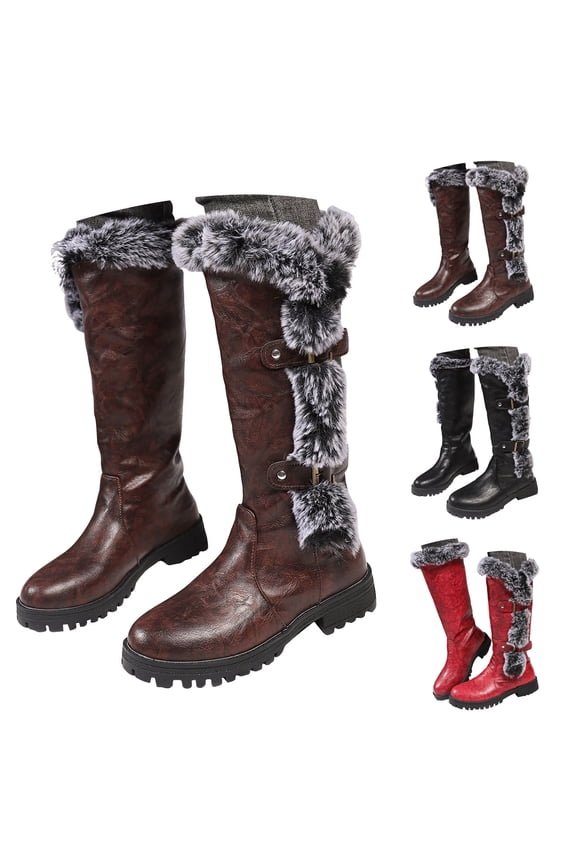 Women's Winter Knee High Boots Fleece Lined Snow Wide Calf Booties Leather Chunky Low Heel Pull on Long Tall Boot Black 5.5