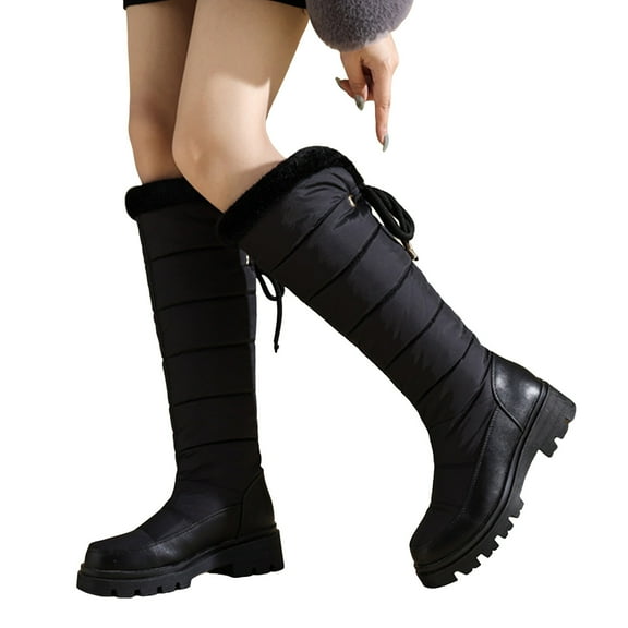 Pandaie Women's Winter Knee High Boots Waterproof Warm Fleece Lined Wide Calf Snow Boot Pull on Platform Walking Outdoor Shoes Black 9