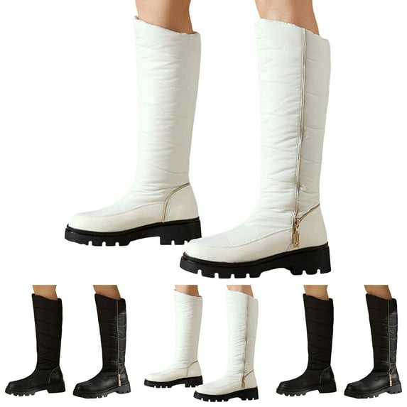 Pandaie Women's Winter Knee High Snow Boots Waterproof Rain Warm Furry Lined Tall Boots Fold Over Wide Calf Dressy Booties Black 9.5