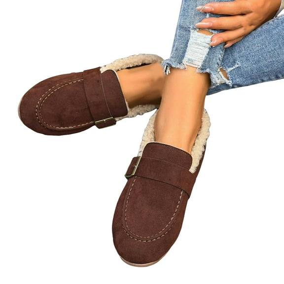 Pandaie Women's Winter Loafers Suede Fleece Lined Slip on Flats Shoes Buckle Snow Moccasins No Heel Casual Dressy Work Oxfords Brown 9.5