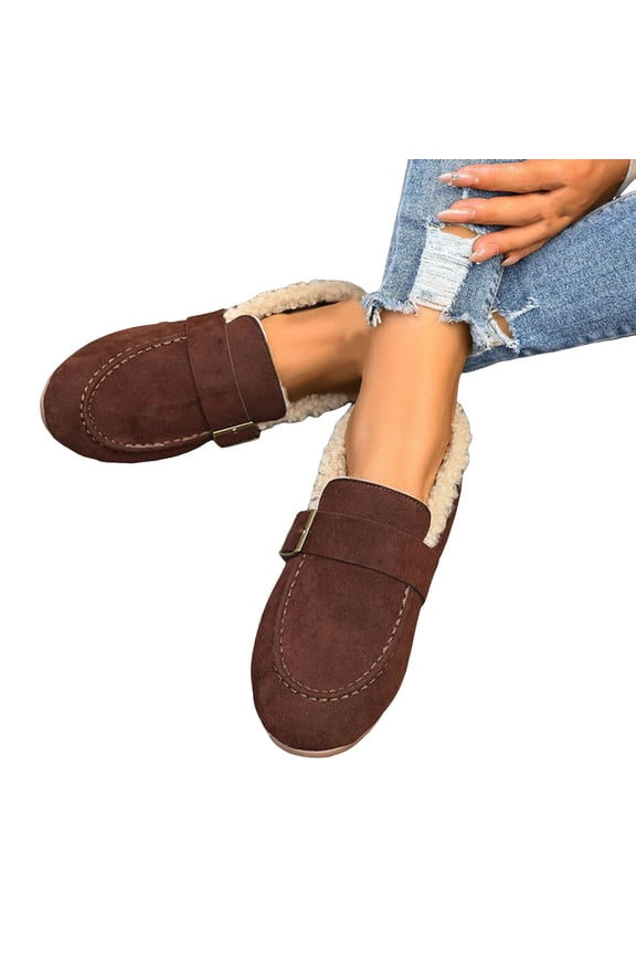 Women's Winter Loafers Suede Fleece Lined Slip on Flats Shoes Buckle Snow Moccasins No Heel Casual Dressy Work Oxfords Brown 9.5