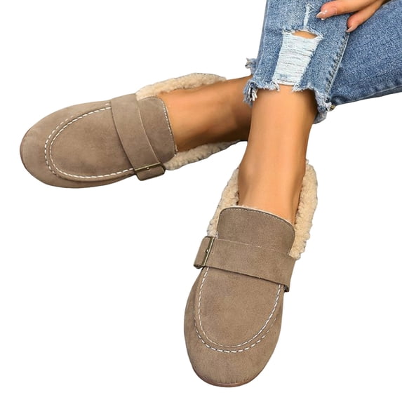 Pandaie Women's Winter Loafers Suede Fleece Lined Slip on Flats Shoes Buckle Snow Moccasins No Heel Casual Dressy Work Oxfords Khaki 6.5