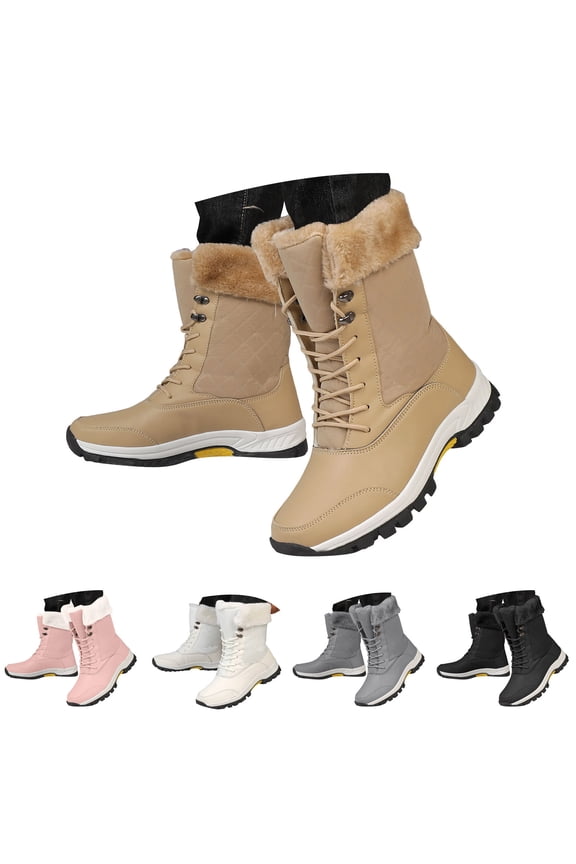 Women's Winter Snow Boots Waterproof Insulated Mid Calf Booties Fleece Lined Lace up Non Slip Outdoor Ankle Boot Black 7.5