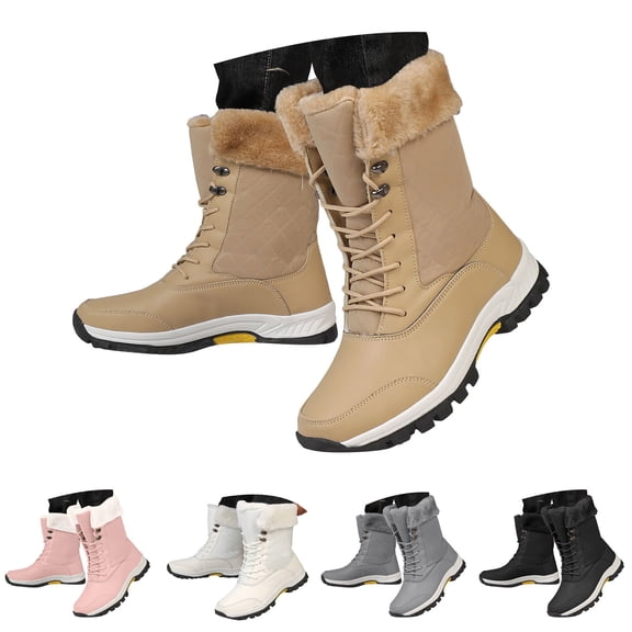 Pandaie Women's Winter Snow Boots Waterproof Insulated Mid Calf Booties Fleece Lined Lace up Non Slip Outdoor Ankle Boot Black 7