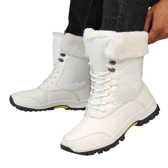 Pandaie Women's Winter Snow Boots Waterproof Insulated Mid Calf Booties Fleece Lined Lace up Non Slip Outdoor Ankle Boot White 6