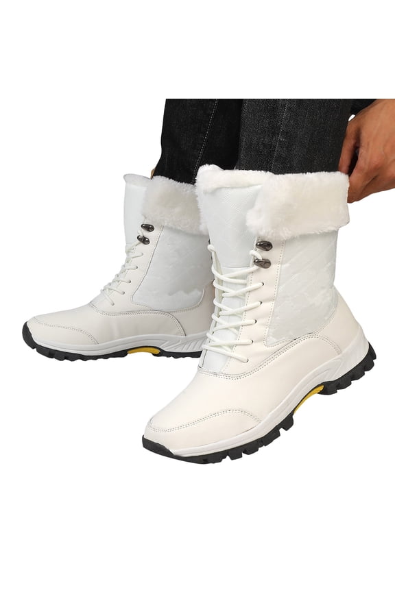 Women's Winter Snow Boots Waterproof Insulated Mid Calf Booties Fleece Lined Lace up Non Slip Outdoor Ankle Boot White 8