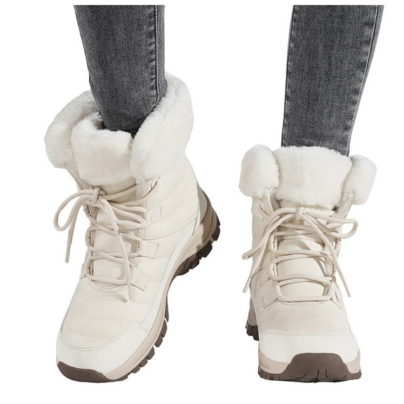 Pandaie Women's Winter Snow Boots Waterproof Lace up Fuzzy Mid Calf Boot Ladies Non Slip Combat Short Booties White 9