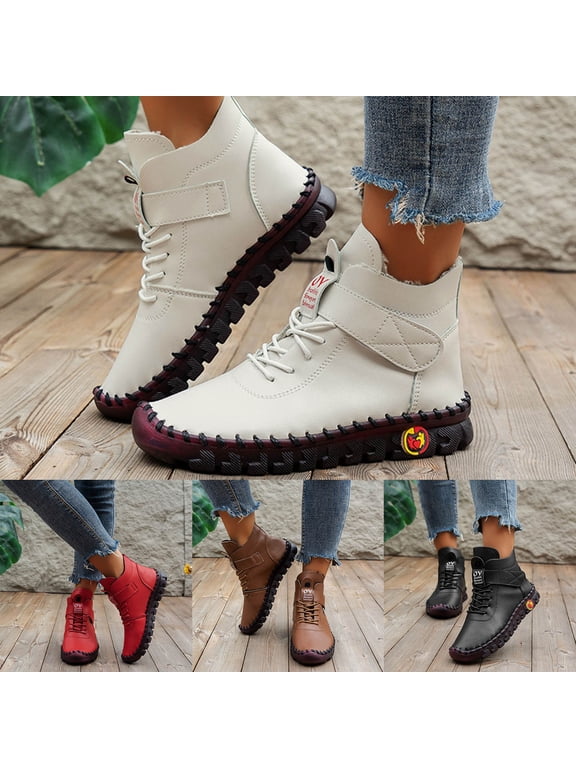 Women's Winter Snow Combat Boots Fuzzy Lined Leather High Top Flat Ankle Boots with Adjustable Hook and Loop Outdoor Non Slip Walking Shoes Brown 6.5