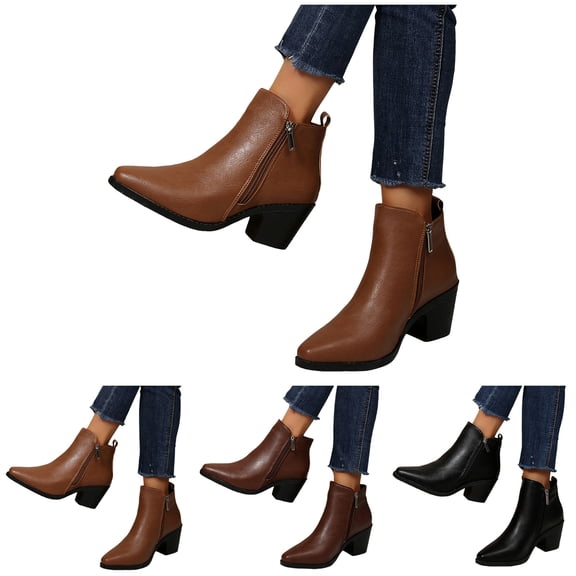Pandaie Womens Ankle Boots Chunky Low Heel Square Toe Chelsea Fall Booties Leather Side Zipper Winter Work Dress Shoes Brown 9.5