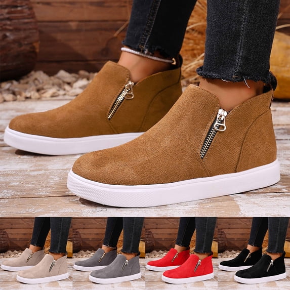Pandaie Womens Ankle Boots Suede Casual Flat Sneaker Shoes Side Zipper Slip on Round Toe Booties for Fall Winter Daily Wear Walking Office Work Outing Beige 8.5