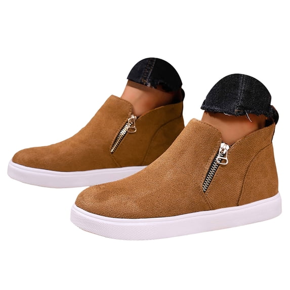 Pandaie Womens Ankle Boots Suede Casual Flat Sneaker Shoes Side Zipper Slip on Round Toe Booties for Fall Winter Daily Wear Walking Office Work Outing Brown 9