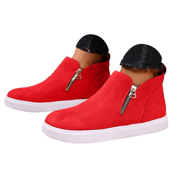 Pandaie Womens Ankle Boots Suede Casual Flat Sneaker Shoes Side Zipper Slip on Round Toe Booties for Fall Winter Daily Wear Walking Office Work Outing Red 6.5
