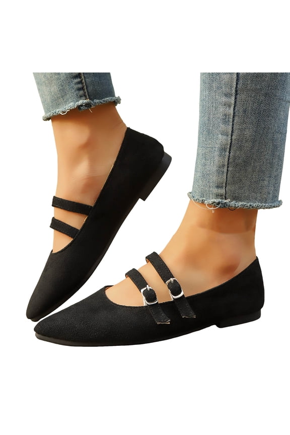Womens Ballet Flats Pointy Toe Casual Flat Shoes Suede Dressy Slip on Moccasins Two Buckles Office Work Mary Jane Black,9.5