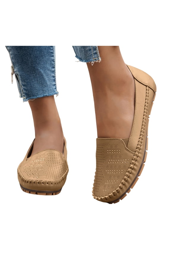 Womens Ballet Flats Shoes Closed Square Toe Slip on Walking Driving Loafers Leather Business Work Dressy Flat Casual Shoes Khaki Size 9.5