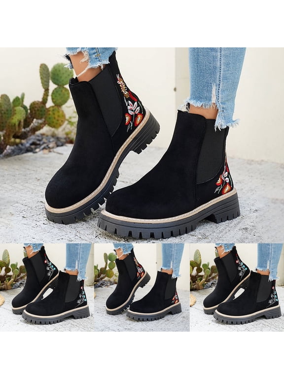 Womens Chelsea Ankle Boots Floral Embroidery Platform Low Heel Round Toe Slip on Short Booties Size 6-9.5