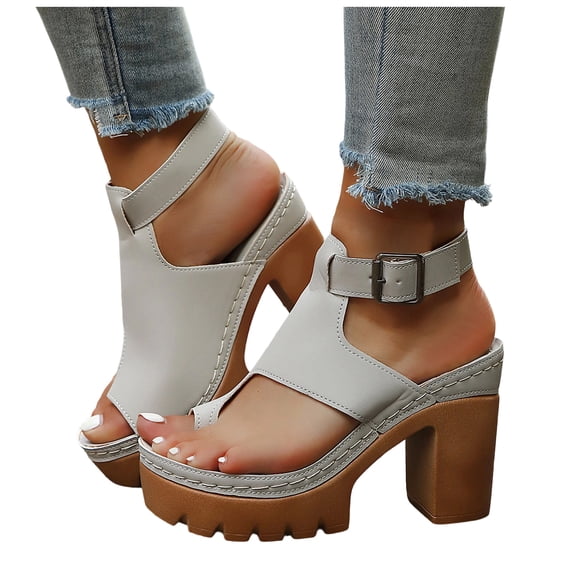 Pandaie Womens Chunky High Heeled Sandals Ankle Strap Slingback Dress Summer Pumps Toe Ring Leather Platform Slip on Work Shoes (Grey,10.5)