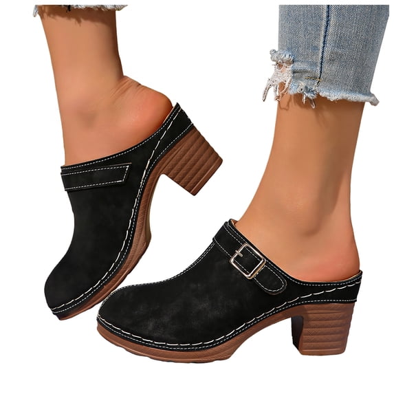 Pandaie Womens Chunky Stacked Heel Mules Closed Round Toe Heeled Slip on Clogs Suede Buckles Casual Backless Pumps Loafers Shoes Black Size 6.5