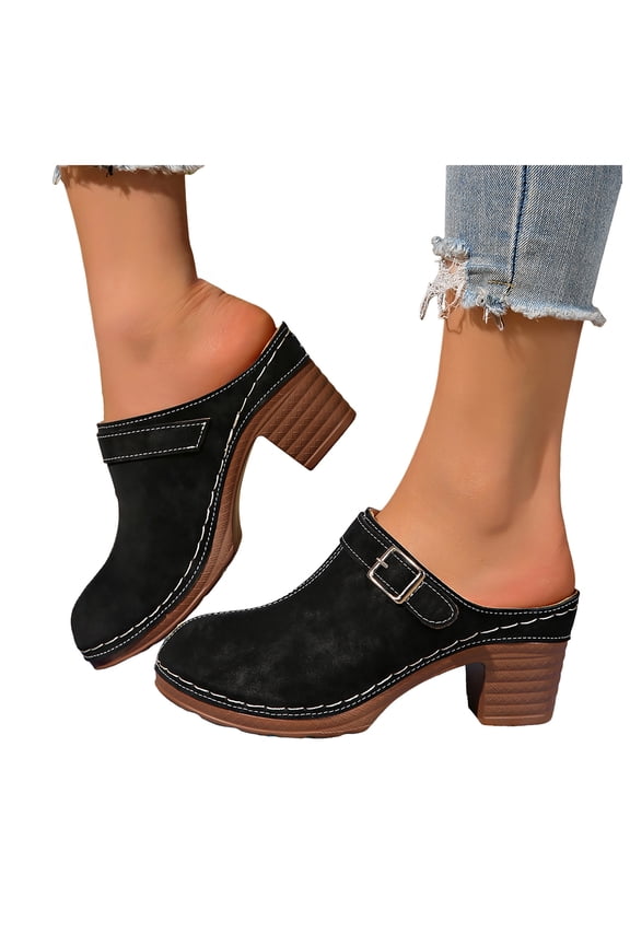Womens Chunky Stacked Heel Mules Closed Round Toe Heeled Slip on Clogs Suede Buckles Casual Backless Pumps Loafers Shoes Black Size 7