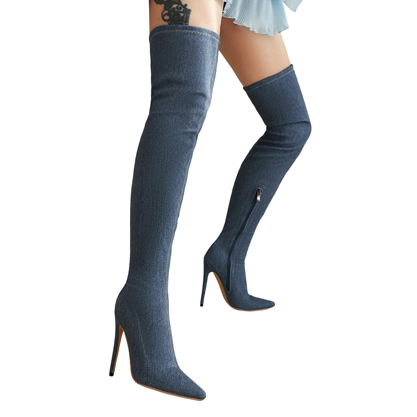 blue jean dress with thigh high boots Madewell Denim Shirtdress and Suede Over the Knee Boots