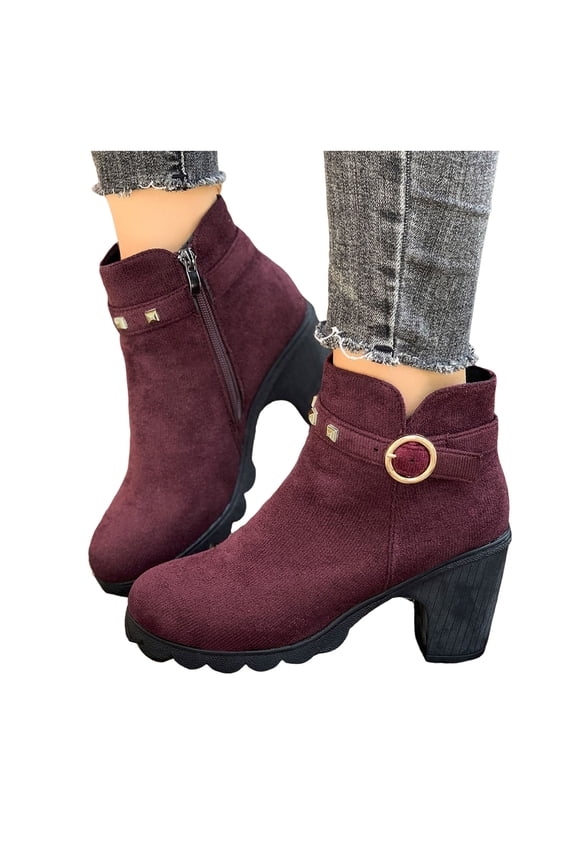 Womens Dress Ankle Booties Suede Chunky High Heel Short Boots Round Toe Winter Dress Work Pumps Shoes Wine 7