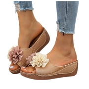 Pandaie Womens Dressy Flower Orthopedic Wedge Sandals Comfortable Open Toe Platform Casual Summer Boho Beach Slides Size 6-10