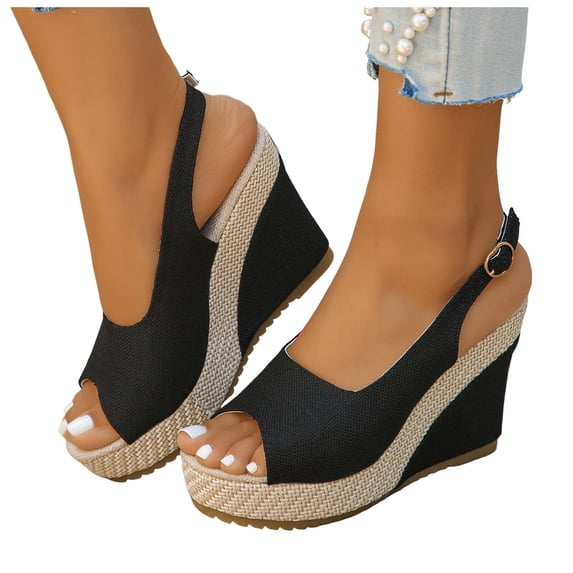 Pandaie Womens Espadrille Dressy Wedge Sandals Open Toe Platform Slingback Slip on Sandal Comfortable High Heels Pumps Shoes 3.91 Inch Black 9