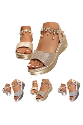 Womens Glitter Platform Wedge Sandals Summer Sequins Pearl Tassel Comfortable Ankle Strap Slides Sandal with Arch Support Gold,7
