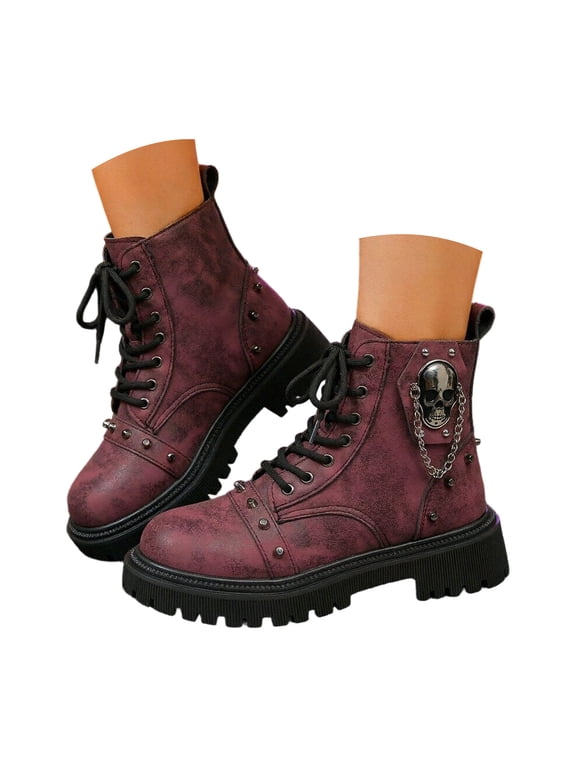 Womens Halloween Platform Combat Boots Chunky Lug Sole Lace up Gothic Chain Studded Punk Ankle Booties Size 6-9