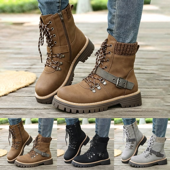 Pandaie Womens Hiking Combat Boots Knit Cuff Lug Sole Platform Lace up Buckle Side Zipper Fall Winter Boots Size 5.5-9.5