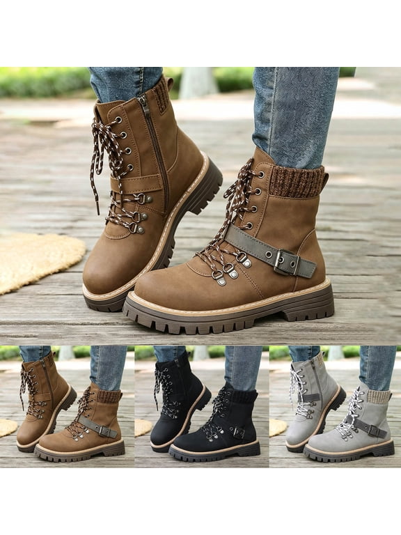 Womens Hiking Combat Boots Knit Cuff Lug Sole Platform Lace up Buckle Side Zipper Fall Winter Boots Size 5.5-9.5