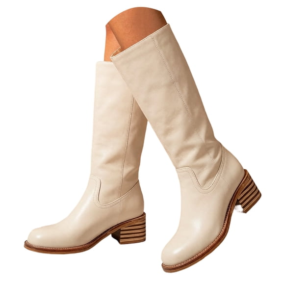 Pandaie Womens Knee High Boots Faux Leather Mid Heel Round Toe Wide Calf Tall Dress Boots Fall Winter Fashion Casual Riding Shoes