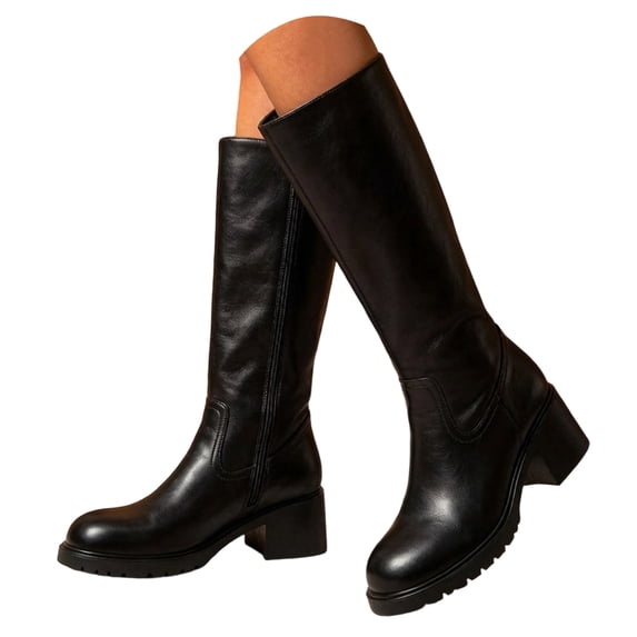 Pandaie Womens Knee High Boots Faux Leather Mid Heel Round Toe Wide Calf Tall Dress Boots Fall Winter Fashion Casual Riding Shoes
