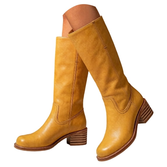 Pandaie Womens Knee High Boots Faux Leather Mid Heel Round Toe Wide Calf Tall Dress Boots Fall Winter Fashion Casual Riding Shoes