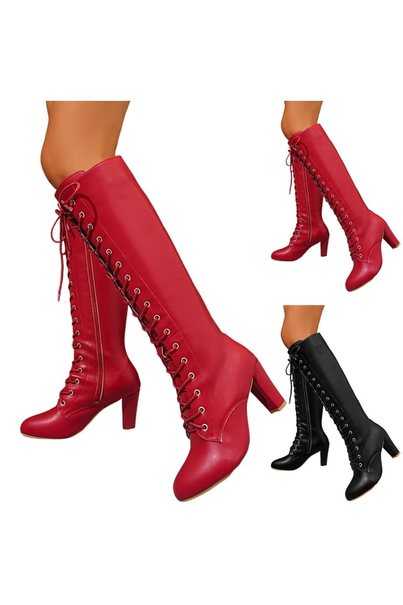 Womens Knee High Boots Leather Lace up Platform High Heel Boots Round Toe Side Zipper Combat Riding Fall Winter Boots Black 7