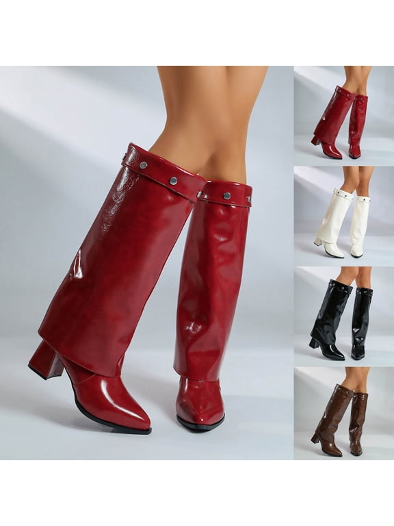 Womens Knee High Boots Pointed Toe Chunky Block Heel Faux Leather Pull on Tall Western Fold Over Shark Boot Size 6-9.5