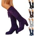 thumbnail image 1 of Pandaie Womens Knee High Boots Suede Lace up Combat Long Boot Chunky Heeled Platform Winter Riding Shoes Black 6.5, 1 of 4