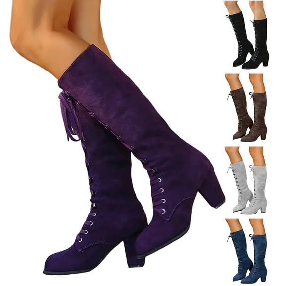 Pandaie Womens Knee High Boots Suede Lace up Combat Long Boot Chunky Heeled Platform Winter Riding Shoes Black 9