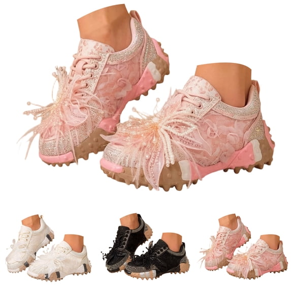 Pandaie Womens Lace Fashion Sneakers Rhinestone Butterfly Tassel Platform Walking Running Tennis Shoes for Casual Dressy (Black,6)