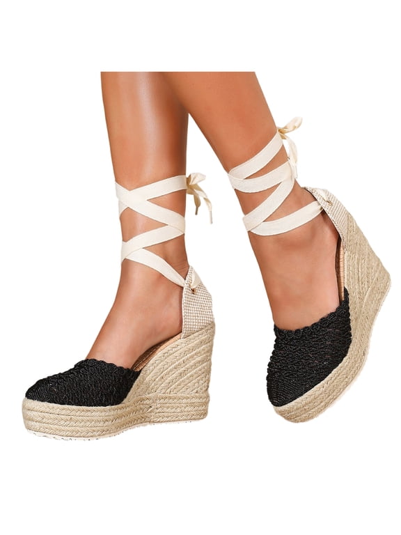 Womens Lace up Espadrilles Closed Toe Wedges Platform Sandals Strappy Woven High Heels Summer Shoes 4.53 Inch Size 6-10