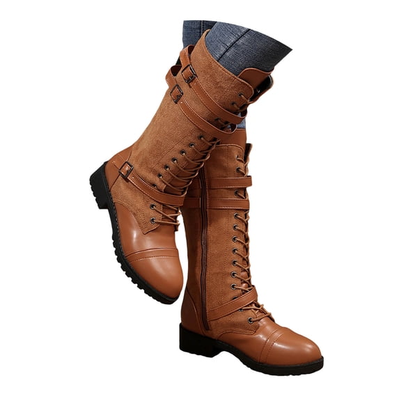 Pandaie Womens Lace up Mid Calf Combat Boots Buckle Straps Decor Side Zipper Non Slip Low Platform Heel Fashion Motorcycle Riding Booties Khaki 5.5