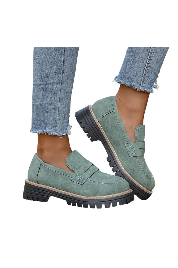 Womens Loafers Lug Sole Platform Chunky Slip on Work Shoes Business Office Casual Dress Oxfords Green 6
