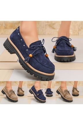 Womens Loafers Platform Chunky Casual Loafer Retro Suede Fringe Lace up Walking Shoes Comfortable Slip on Dressy Outings Driving Shoes with Lug Sole Khaki 9.5